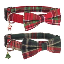 Christmas Dog Collar with Bow Adjustable Red Green Plaid Dog Collars with Rem...