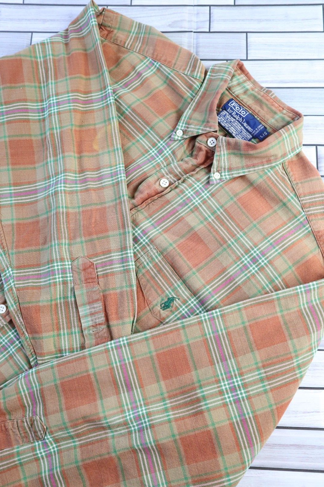 Polo Ralph Lauren vintage anni 80 camicia uomo grande arancione bruciato verde classico verde pony