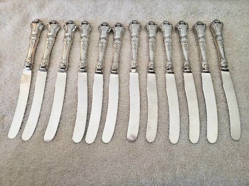 OLD BARONIAL Gorham Sterling Silver Set 12 FRUIT KNIVES Serrated  Blades Mono