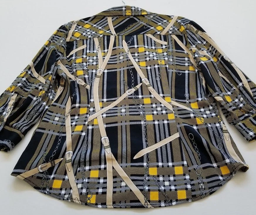 Camisa abotonada New York & Company para mujer grande L a cuadros cinturones cadenas manga 3/4 Foto 4 de 4