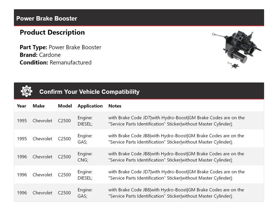 适用于 1995 - 1996 雪佛兰 C2500 动力制动增强器 Cardone — 第 2/4 张图片