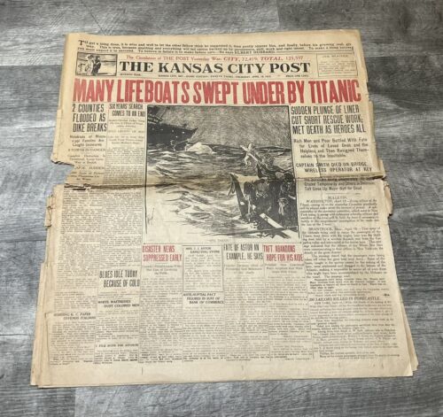Original 1912 The Kansas City Post Titanic Newspaper 4/18 Disaster Aftermath - Photo 1/10