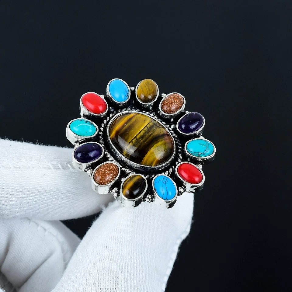 Di Tigre Occhio,Corallo Rosso & Multi Gemma Anello,Fatto 925 Anello Argento - Immagine 2 di 4