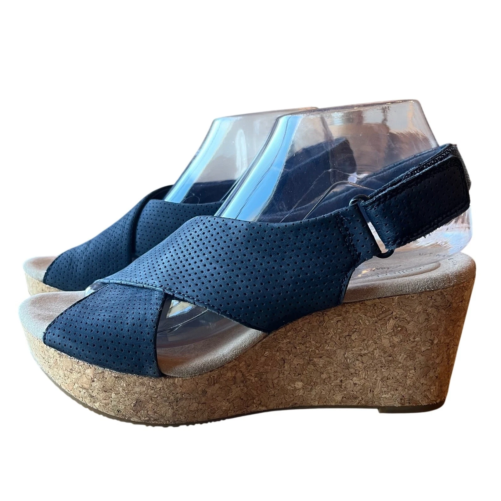 Sandalo Clarks zeppa plateau Annadel Parker taglia 9 blu navy scamosciato sughero slingback