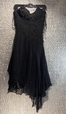 Scala Beaded Silk Asymmetric Midi Dress S Black Romantic Whimsigoth Y2K READ