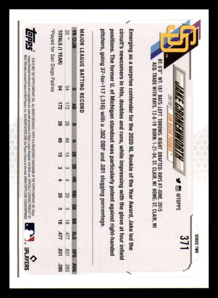 2021 Topps Employee Edition #371 Jake Cronenworth RC San Diego Padres - Image 2 of 2