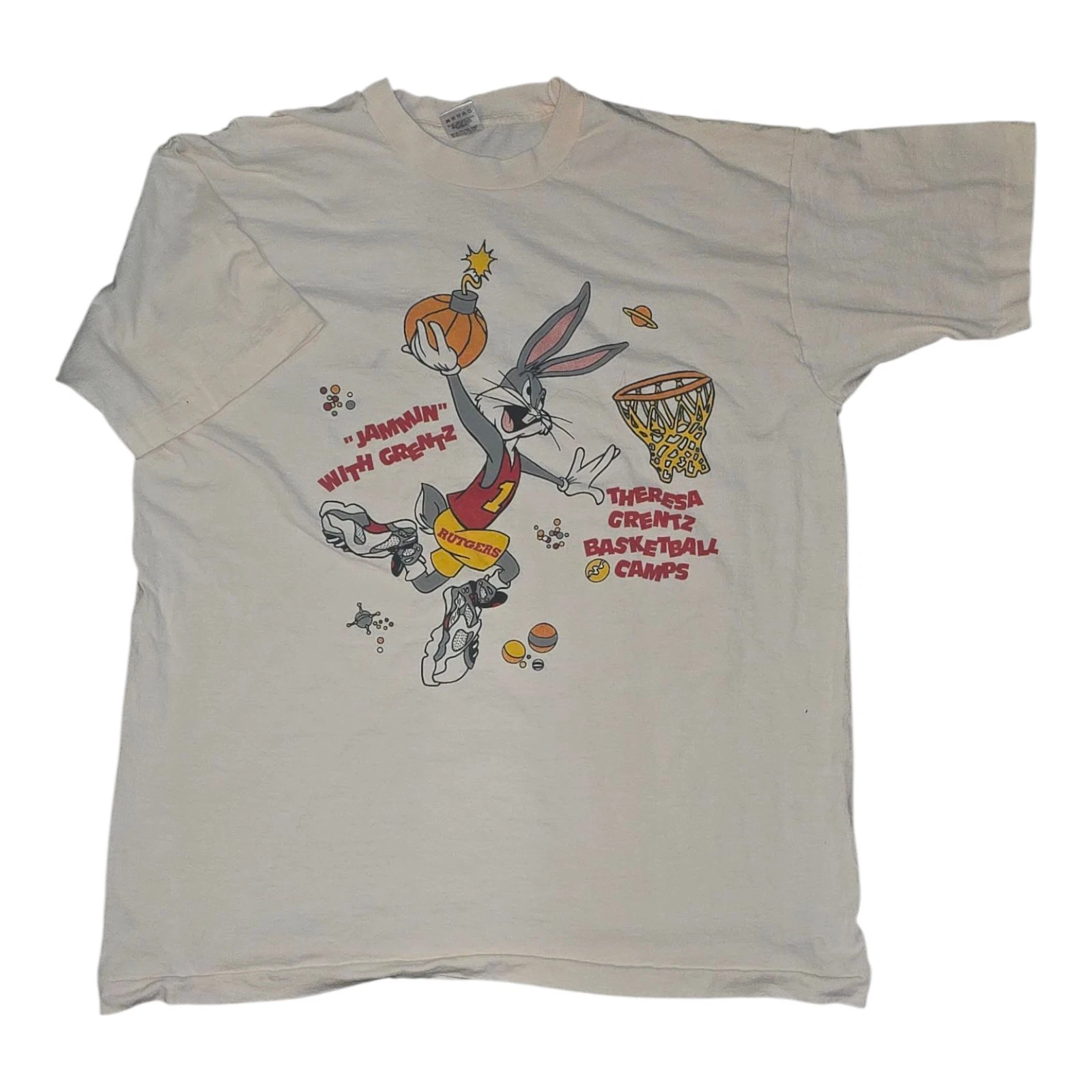 Vintage 90s Bugs Bunny Rutgers Theresa Grentz Basketball Camp Tee XL USA VTG