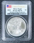 2011 $1 American Silver Eagle MS70 PCGS First Strike SAN FRANCISCO US FLAG LABEL