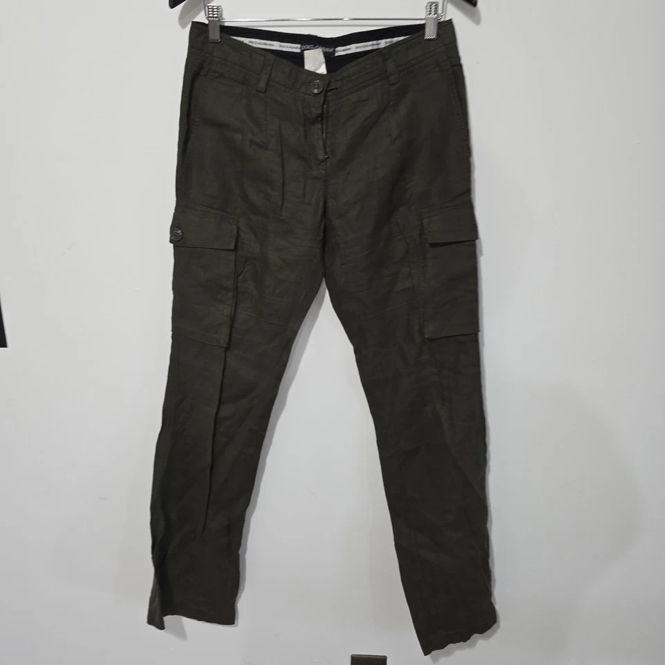 Y2K Vintage Dolce & Gabbana 100% Linen Olive Green Cargo Pants 32x34  - Image 4 of 4