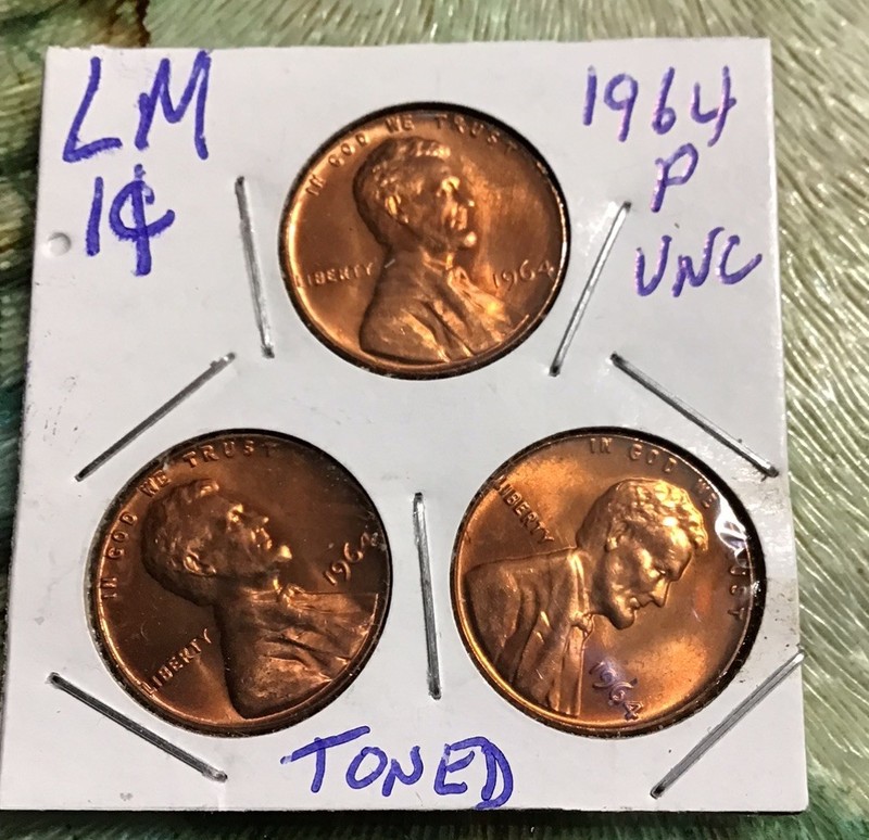 1964-P Toned 3-Lincoln pennies {From Unc. rolls}