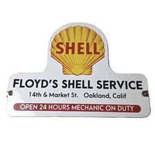 Vintage Shell Gasoline Sign - Floyd's Mechanic Service Gas Pump Porcelain Sign