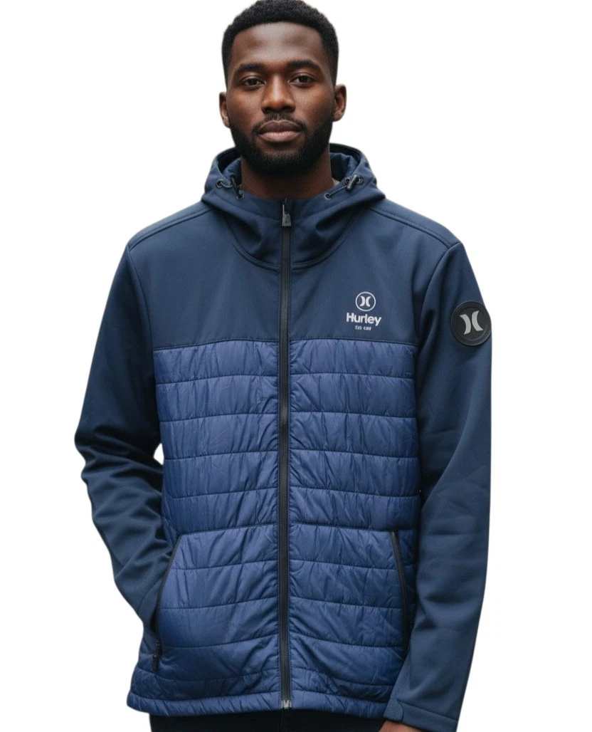 Hurley Men's Softshell Windproof Hybrid Windbreaker Puffer Hoodie Jacket Small