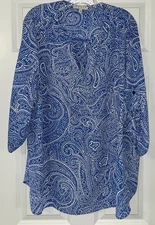 CHAUS NEW YORK WINDSOR BLUE FLOWING LONG TUNIC TAB SLEEVE  SILKY BLOUSE