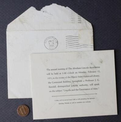 1951 Springfield Illinois Abraham Lincoln Assoc. J.G. Randall Invitation set ---