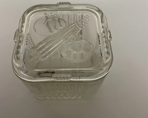 Vintage Federal Glass Clear Refrigerator Dish w/ Embossed Vegetable Lid 1940s