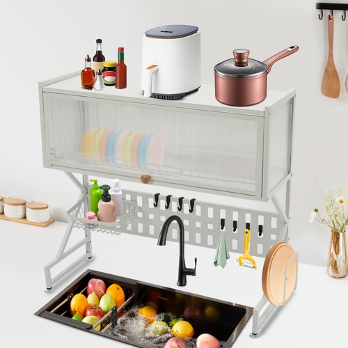 2-Tier White Over The Sink Dish Drying Rack PVC Carbon Steel Kitchen Organizer