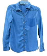 Zara Trafaluc Chambray Shirt Button Front L Boho Distressed Spring Ranch Style