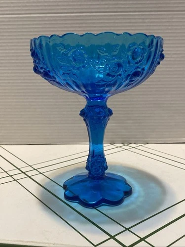 Vintage Fenton Blue Cabbage Rose Footed Compote Dish