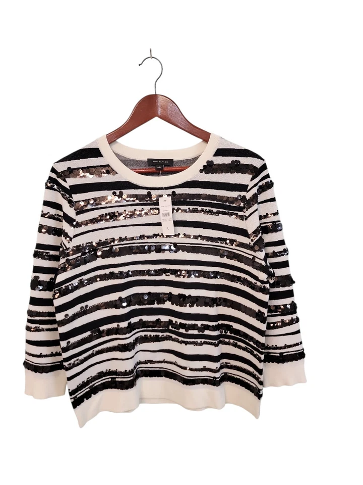 Ann Taylor Lentejuelas Cebra Jacquard Suéter Talla Grande Blanco y Negro Nuevo Con Etiquetas Carrera Foto 2 de 4