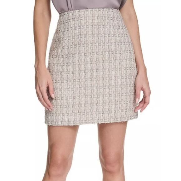 Calvin Klein Women's Tweed Check Print Pencil Skirt in Metallic Cream