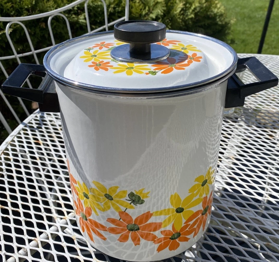 Vintage Mid Mod Ekco Country Garden Porcelain Clad Stockpot/Steamer Italy