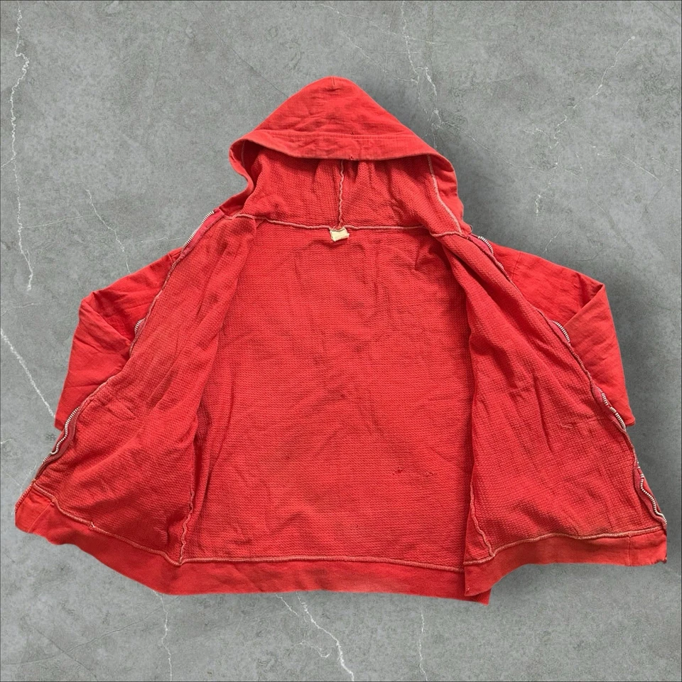 Vintage 1950s Red Waffle-Lined Hoodie WPL 7232 Distressed Zip-Up Sweatshirt - Image 2 of 4