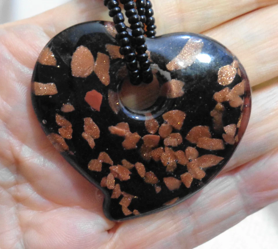 Vintage 15 inch Black & Brown Murano Glass Heart Choker Necklace 3 inch extender - Image 3 of 4