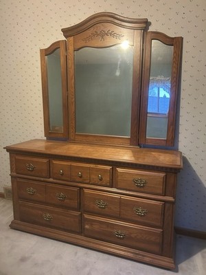 Traditional Oak Wood Dresser Brown 9 Drawers Mirrored Brass Handles Bedroom  | eBay