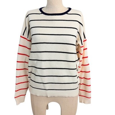 Kule Womens Striped Rib Knit Crewneck Sweater Cream Navy Red Cotton Silk Small