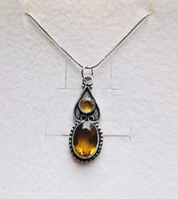 Stunning Rare Citrine Art Deco Style 925 Silver Pendant & Chain