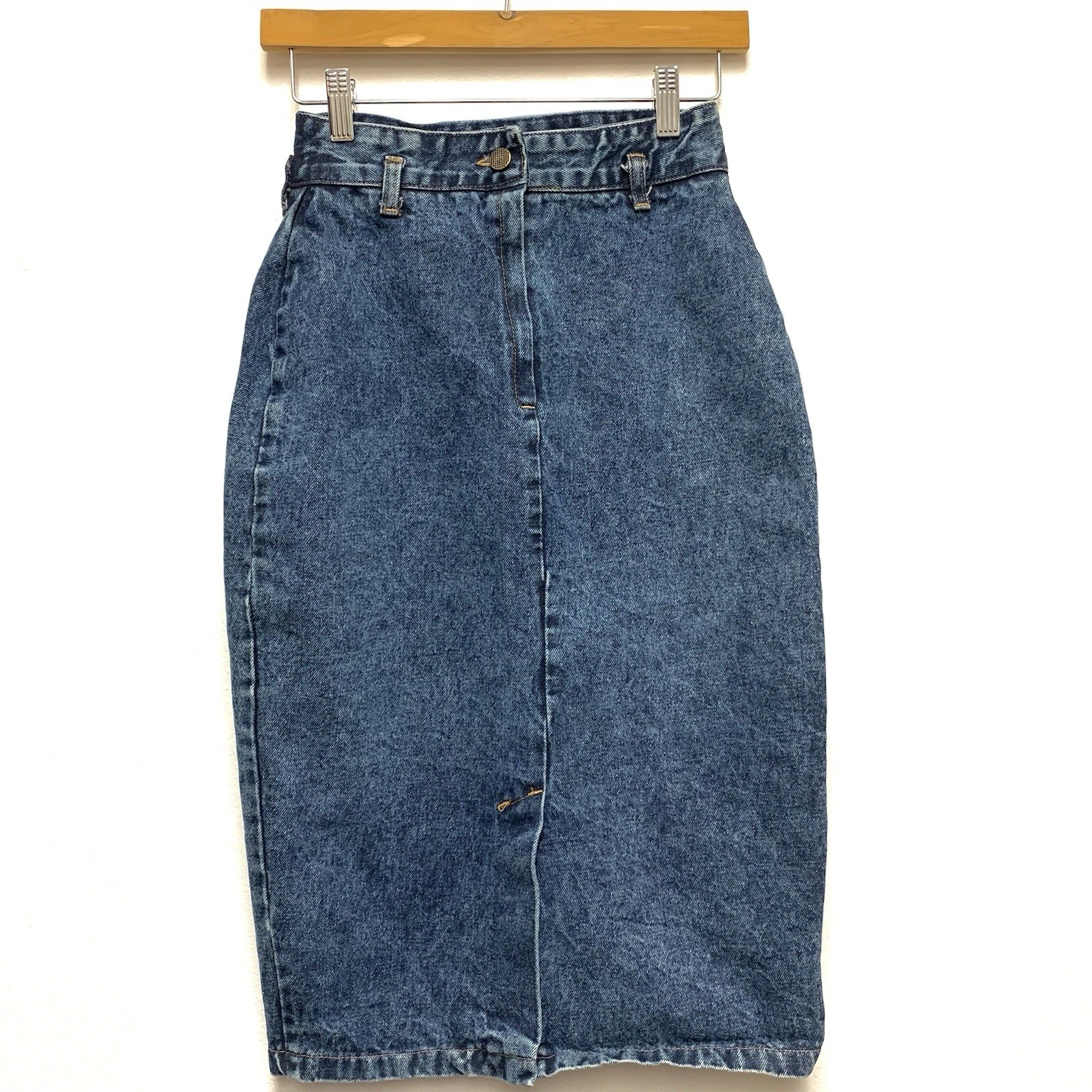 Vintage 80s Cristina Denim Midi Pencil Skirt Size 5 High Waist Stonewash USA