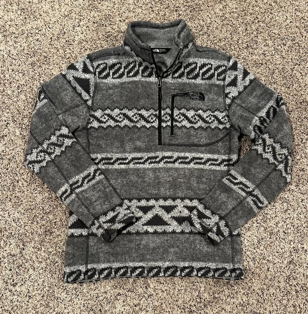 North Face Jacket Gray Striped Aztec Logo Hiking Outdoors Sweater Mens Small
