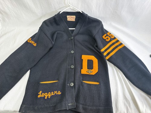 Vtg 1950s Lasley Wool Letterman Sweater Cardigan Darrington WA Loggers 55 Patch