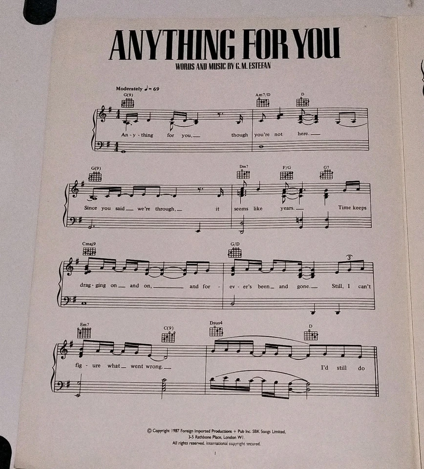 GLORIA ESTEFAN Anything for you 1987 Sheet Music & Lyrics (F7) - Image 3 of 4