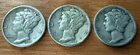 Lot of 3 Silver  Mercury Dimes 1937, 1938, 1939 P