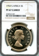 1954 South Africa 5 shillings State Coinage Springbok Fauna NGC PF67 Cameo
