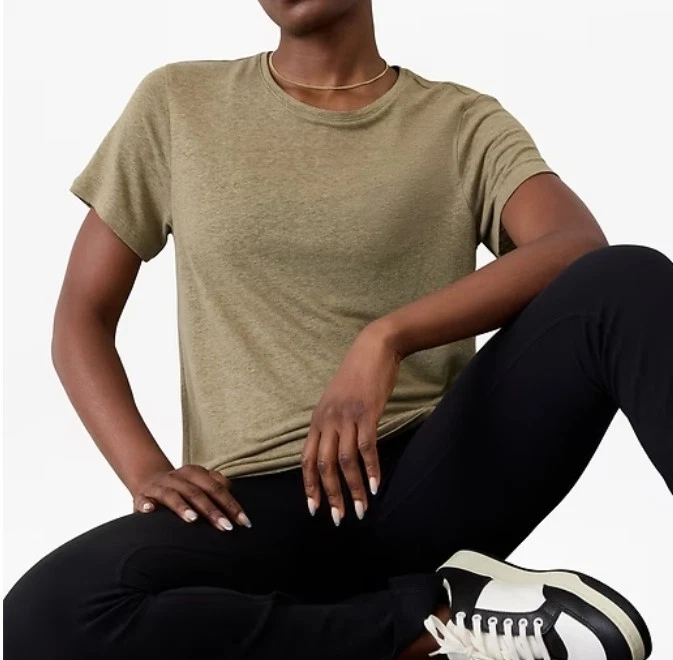 ATHLETA Olive Getaway Linen Blend Crew Neck Tee Short Sleeve Minimalist Medium