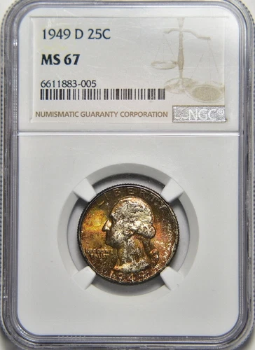 1949-D Washington Quarter 25C | NGC MS67 - Ultra High Grade, Fabulous Toning