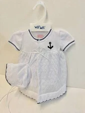 Will'beth Newborn Baby Girl Nautical Fine Knit Dress Set Bonnet Bloomers NWT sz0