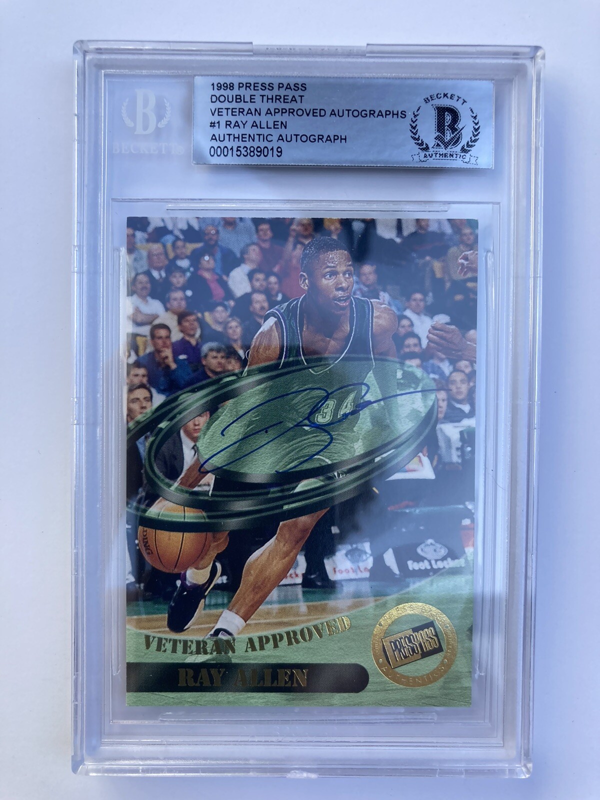 Ray Allen Autographed Signed Milwaukee Bucks 1998-99 PRESS PASS VETERAN APPROVED BAS SLABBED 