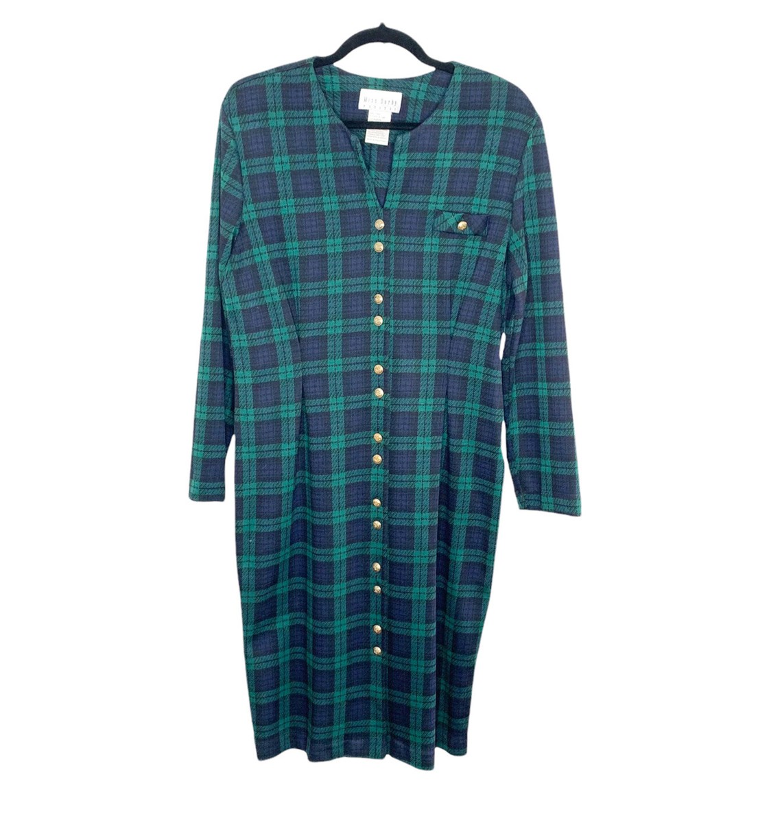 80s/90s Vintage MISS DORBY Green & Blue Plaid Button front Sweater Dress 16  P | eBay