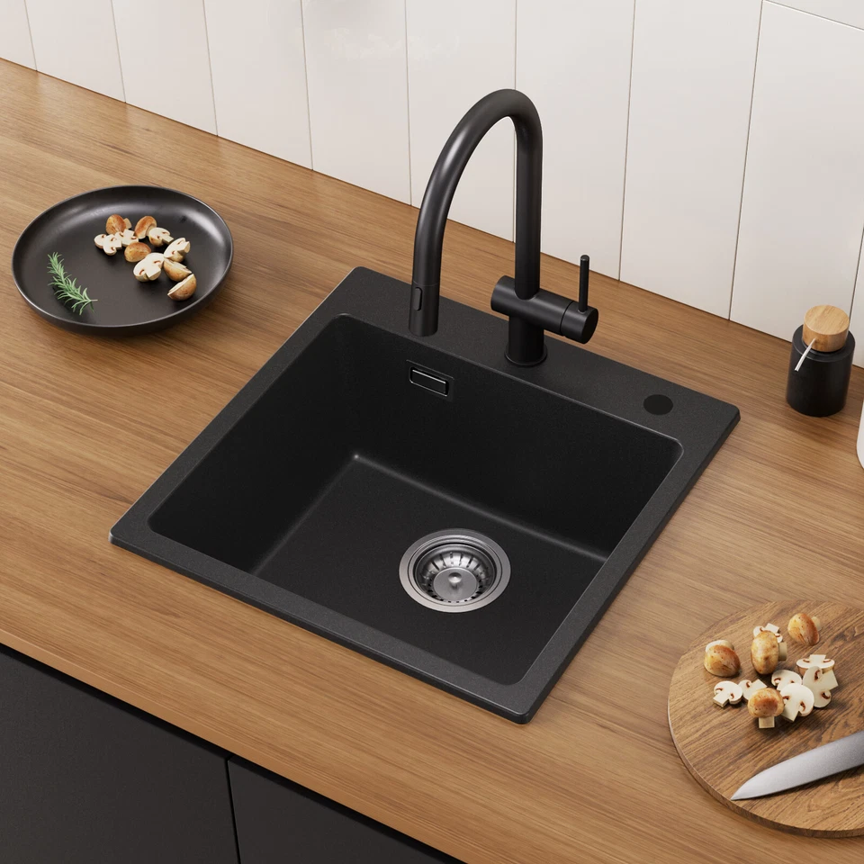 Granit Spüle Küchenspüle Einbauspüle Spülbecken Schwarz Küche Spüle 45X45cm