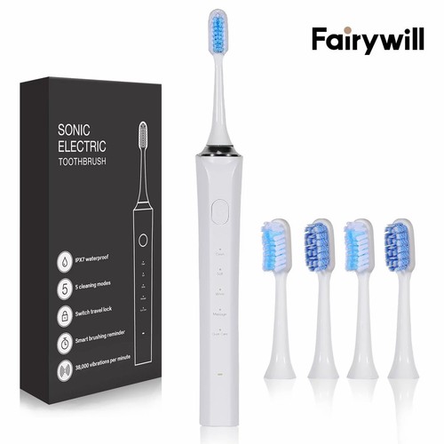 Fairywill Electric Sonic Toothbrush USB 4PCS Brush Head 5 Modes Whitening Teeth