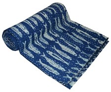 Indian Blue Reversible Fish Print Kantha Quil...