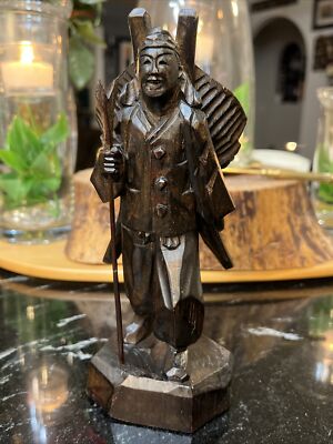 Wooden Figurine Asian Man Worker-Hand Carved Carrying Basket On His Back 8 1/3 