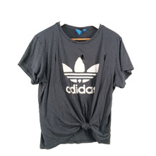 ADIDAS Waist Tie T-shirt Size MEDIUM 8-10 Women Workout Logo Casual Knit Black