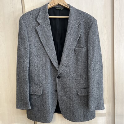 Vintage American Trend Gray 100% Wool Blend Herringbone Tweed Sport Coat Men 44L