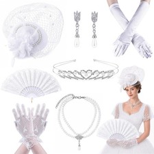 7 Pcs White Fascinator Tea Party Hat Set for Women