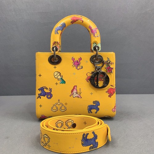 Authentic Dior Lady Dior Small Yellow Zodiac Cannage Bag Silver Hardware