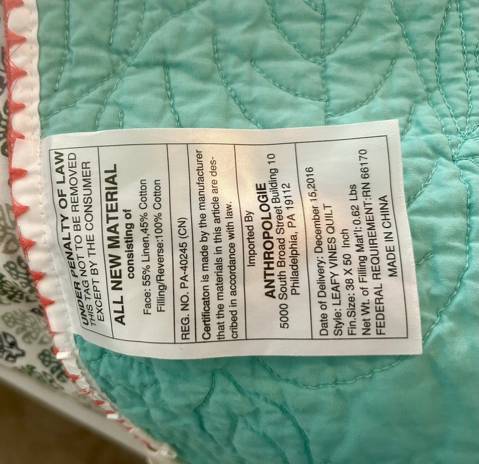 ANTHROPOLOGIE "LEAFY VINES" COLCHA PARA NIÑOS PEQUEÑOS Lino/Algodón COREO DE CABAÑA Foto 3 de 4